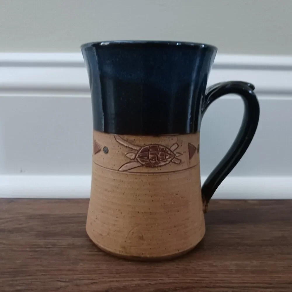 Nelson Pottery‎ Turtle Dolphin Blue Tan Tall Mug Cup 5.25